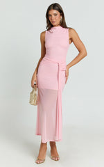 Jaimae Midi Dress - High Neck Side Knot Detail Mesh Dress in Soft Pink