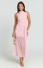 Jaimae Midi Dress - High Neck Side Knot Detail Mesh Dress in Soft Pink