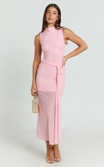 Jaimae Midi Dress - High Neck Side Knot Detail Mesh Dress in Soft Pink