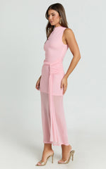 Jaimae Midi Dress - High Neck Side Knot Detail Mesh Dress in Soft Pink