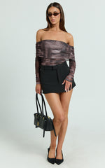 Jambee Top - Long Sleeve Off Shoulder Ruched Mesh Top in Brown Multi