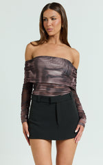 Jambee Top - Long Sleeve Off Shoulder Ruched Mesh Top in Brown Multi