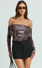 Jambee Top - Long Sleeve Off Shoulder Ruched Mesh Top in Brown Multi