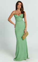 Jameela Maxi Dress - Strappy Sweetheart Neck Gathered Tie Back Dress in Green