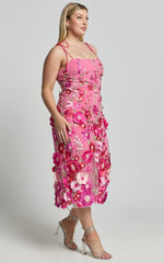 Jamich Midi Dress - Straight Neck Tie Strap Pencil Dress in Magenta