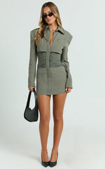 Janet Mini Dress - Oversized Placket Front Shirt Dress in Khaki/Cream Stripe