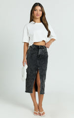 Janeve Midi Skirt - Front Split Denim Skirt in Black Acid Wash