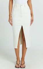 Janeve Midi Skirt - Front Split Denim Skirt in Ecru