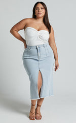 Janeve Midi Skirt - Front Split Denim Skirt in MID WASH
