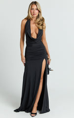 Janice Maxi Dress - Plunge Cowl Halter High Leg Split Dress in Black