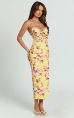 Janice Midi Dress - Knot Detail Front Split Dress in Sunshine Floral