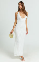 Janine Maxi Dress - Plunge Cowl Neck Backless Column Dress in Ivory