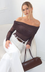 Jaythen Bodysuit - Long Sleeve Off Shoulder Ruched Mesh Bodysuit in Chocolate