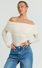 Jaythen Bodysuit - Long Sleeve Off Shoulder Ruched Mesh Bodysuit in Cream