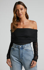 Jaythen Bodysuit - Long Sleeve Off Shoulder Ruched Mesh Bodysuit in Black