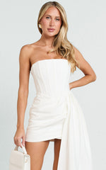 Jeanette Mini Dress - Strapless Corset Bodice Draped Waist Dress in White