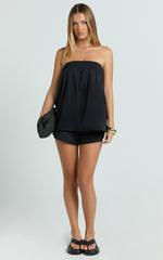 Jeanette Two Piece Top and Shorts Set - Strapless Smocked Neckline Top and High Waist Shorts Set in Black