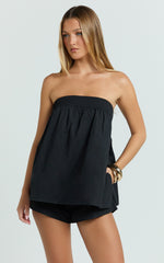 Jeanette Two Piece Top and Shorts Set - Strapless Smocked Neckline Top and High Waist Shorts Set in Black