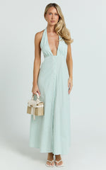 Jeienn Midi Dress - Line Placket Front Skirt Dress in Mint Stripe