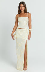 Jelena Maxi Skirt - Embroidered Floral Mid Waist Bodycon Skirt in Lemon