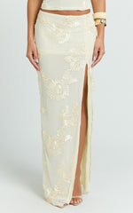 Jelena Maxi Skirt - Embroidered Floral Mid Waist Bodycon Skirt in Lemon