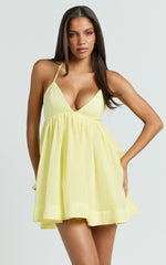 Jemima Mini Dress - Plunge Fit And Flare Dress in Lemon