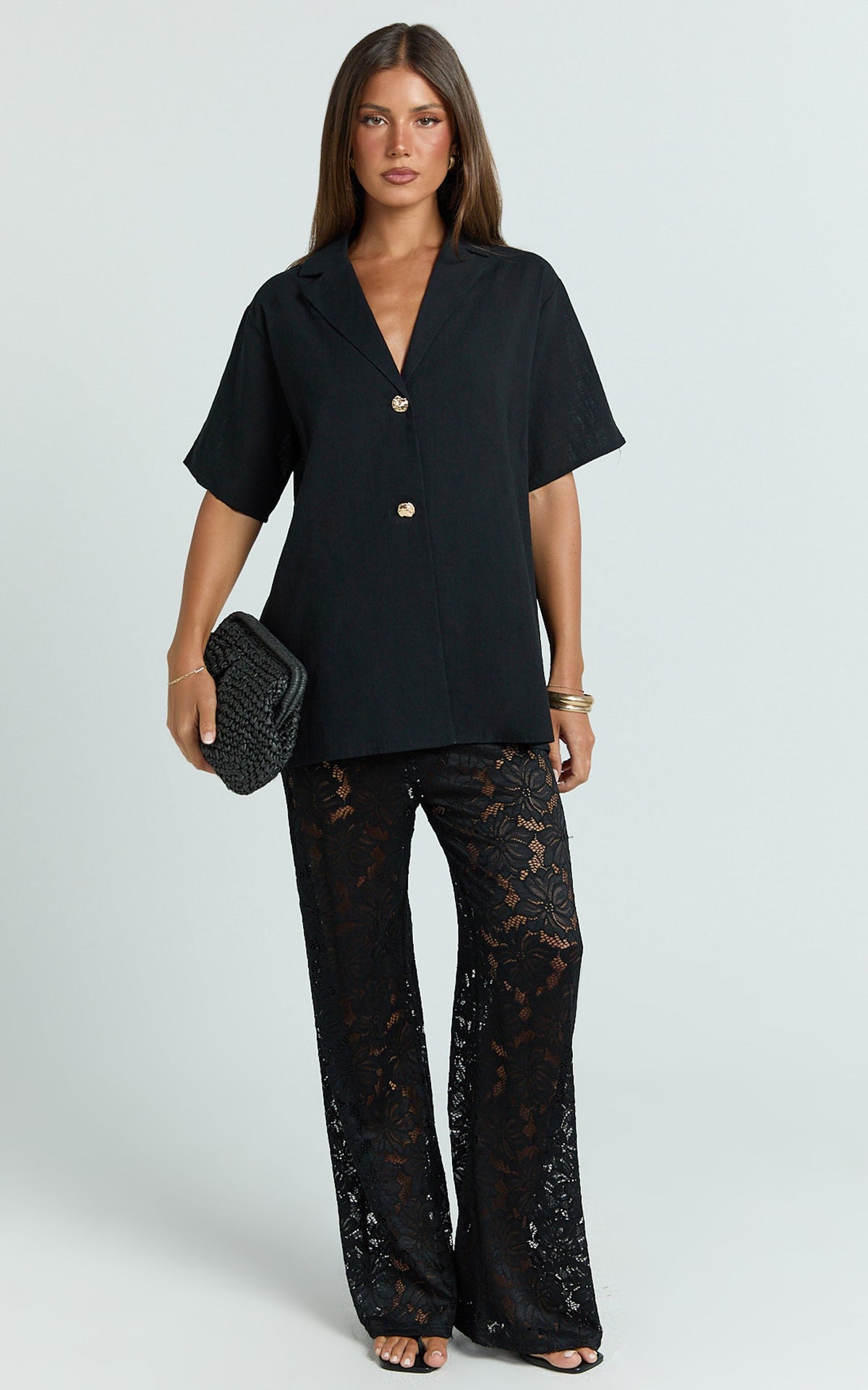 Jemma Two Piece Set - Relaxed Shirt and Lace Pants Set in Black