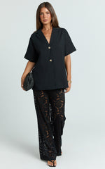 Jemma Two Piece Set - Relaxed Shirt and Lace Pants Set in Black