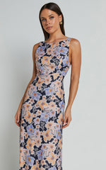 Jenibelle Midi Dress - Boat Neck Open Back Sleeveless Bias Cut Slip Dress in Mellow Floral