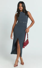 Jenni Midi Skirt - Asymmetric Cross Over Mid Waisted Skirt in Slate Grey