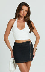 Jenny Mini Skirt - Side Split Denim Skirt with Zip Hardwear in Black Wash