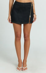 Jenny Mini Skirt - Side Split Denim Skirt with Zip Hardwear in Black Wash