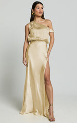 Jensen Midi Dress - Off Shoulder High Split Bias Slip Dress in Lemon