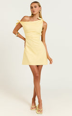 Jeofina Mini Dress - Off The Shoulder Linen Look Dress in Lemon