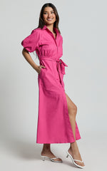 Jesse Midi Dress - Puff Sleeve Collared Shirt Dress in Hot Pink