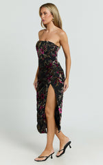 Jessell Midi Dress - High Split Strapless Dress in Black Floral