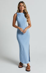 Jessenia Midi Dress - Linen High Neck Dress in Blue