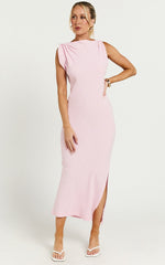 Jessenia Midi Dress - Linen High Neck Dress in Soft Pink