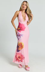 Jessy Maxi Dress - Halter Floral Dress with Scarf in Pink Floral