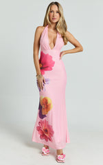 Jessy Maxi Dress - Halter Floral Dress with Scarf in Pink Floral