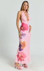 Jessy Maxi Dress - Halter Floral Dress with Scarf in Pink Floral