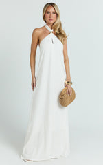 Jhazmine Maxi Dress - Halterneck Linen Gold Trim Dress in Off White