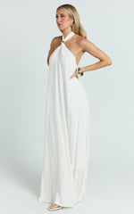 Jhazmine Maxi Dress - Halterneck Linen Gold Trim Dress in Off White