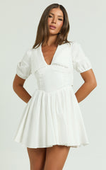 Jhorgen Mini Dress - Collared Puff Sleeve Dress in White