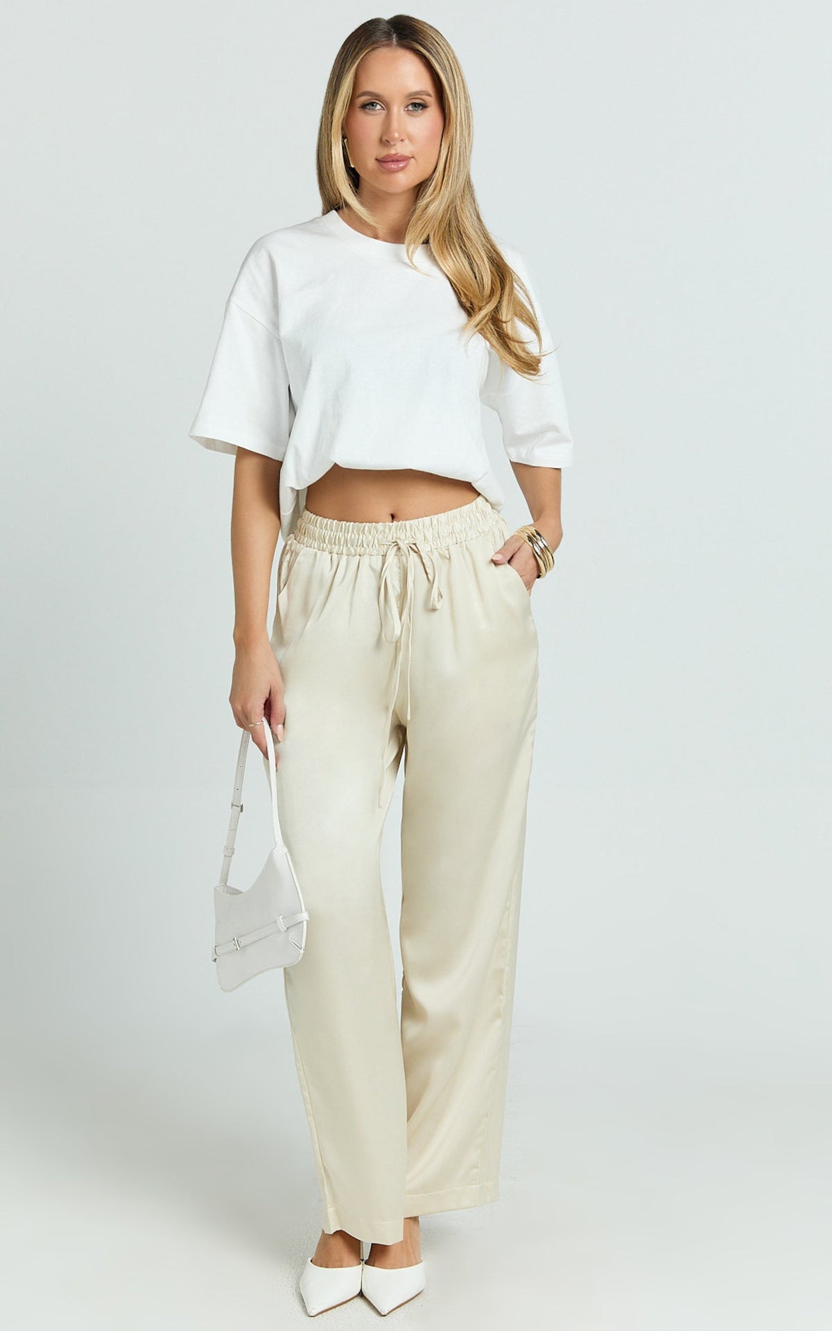 Jinky Pants - Satin Drawstring Pants in Off White