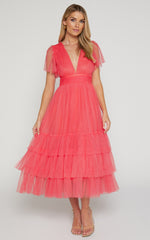 Jiraye Midi Dress - Flutter Sleeve Tuelle Plunge Dress in Coral