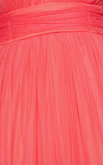 Jiraye Midi Dress - Flutter Sleeve Tuelle Plunge Dress in Coral