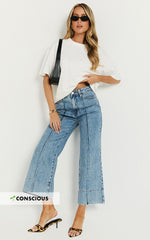 Jolene Jeans - Mid Rise Wide Leg Recycled Denim Cropped Jeans in Mid Blue Wash
