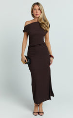 Joliefer Midi Dress - One Shoulder Midi Dress in Chocolate