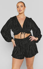 Jondra Blouse - Ruched Front Long Sleeve Plisse Blouse in Black